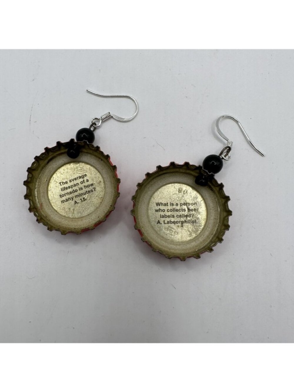 Black Bird Bottle Cap Red & Black Dangle Earrings With Trivia Design - Picture 4 of 5